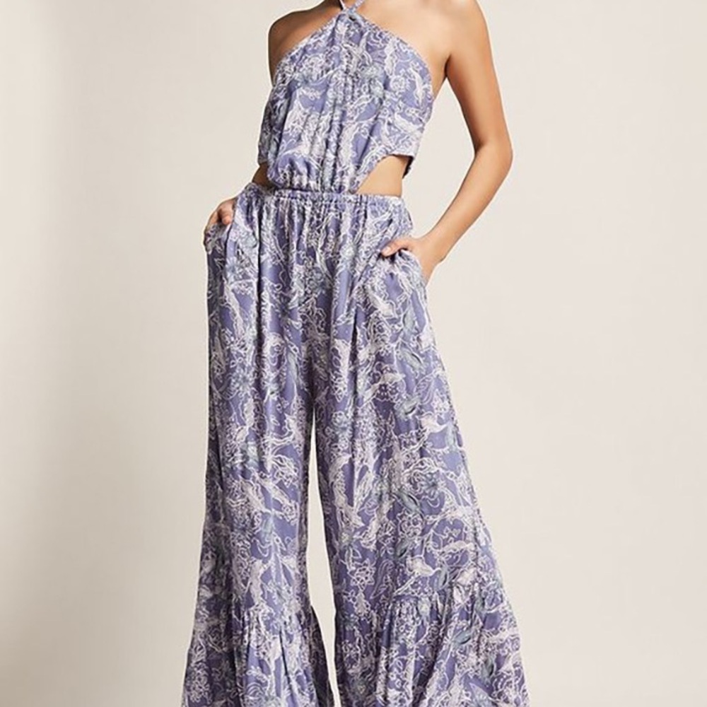 🛑 Elegant Blue Vine Cutout Halter Jumpsuit